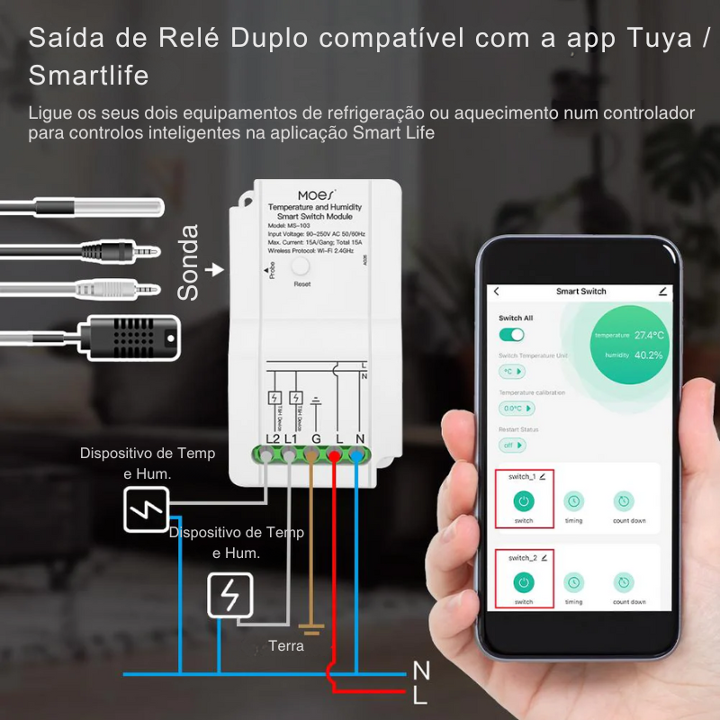 Módulo de conmutación Wi-Fi con controlador de temperatura y humedad - Tuya/Smartlife