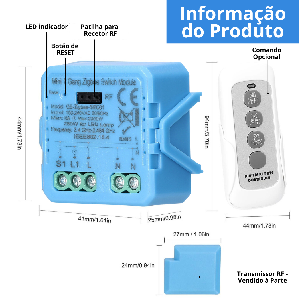 Mini Módulo de Luzes simples (1 gang) – Zigbee 3.0 – Tuya / Smartlife