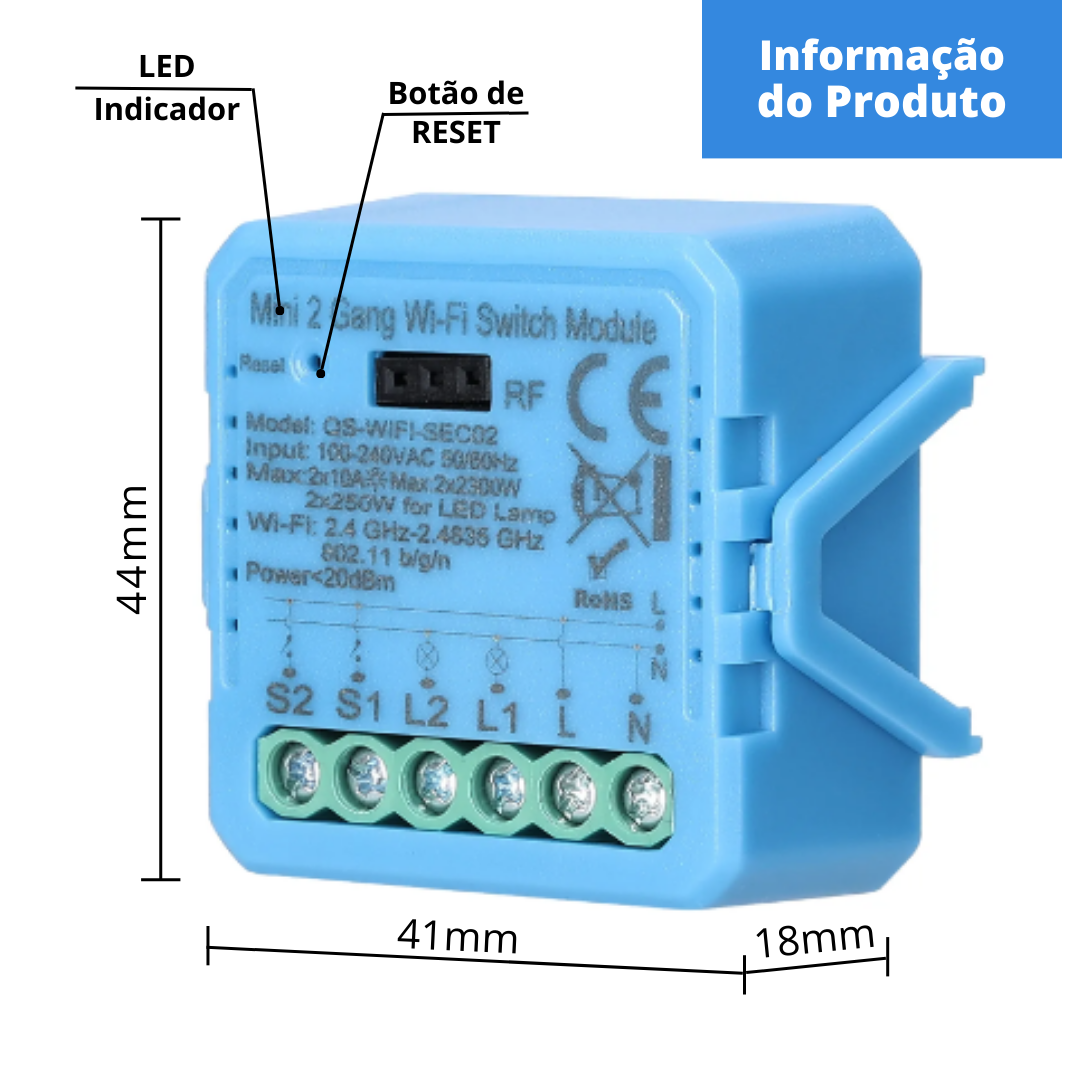 Mini Módulo de Luzes Wi-Fi Simples (2 gang) – Tuya / Smartlife