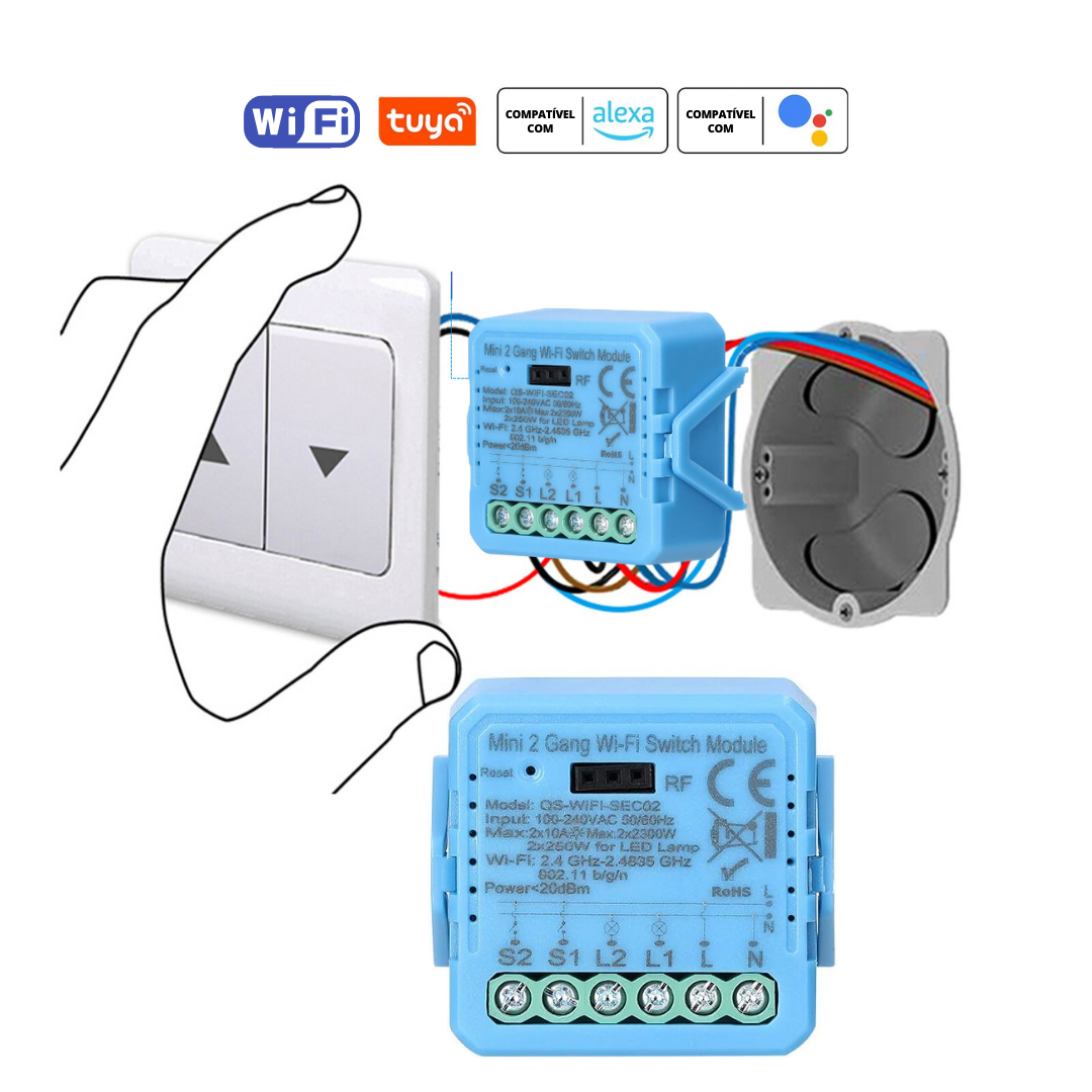 Mini Módulo de Luzes Wi-Fi Simples (2 gang) – Tuya / Smartlife