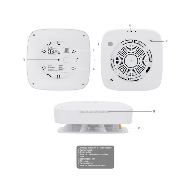 Detector de humo inalámbrico de 868 MHz con sensor de temperatura y sirena, color blanco - Ajax