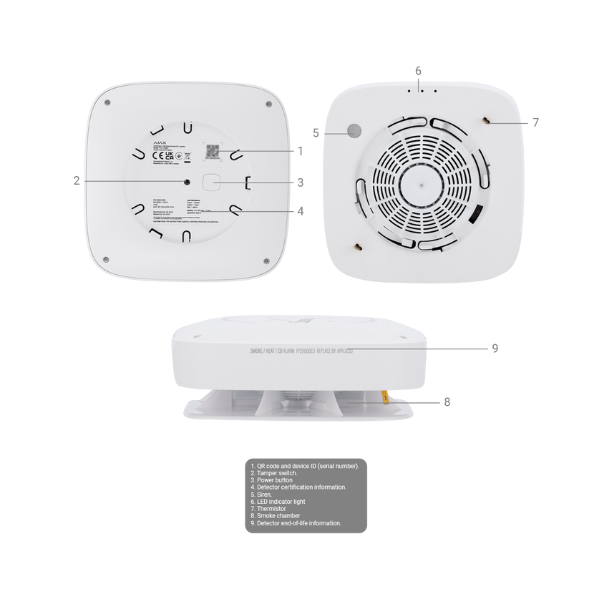 Detector de humo inalámbrico de 868 MHz con sensor de temperatura y sirena, color blanco - Ajax