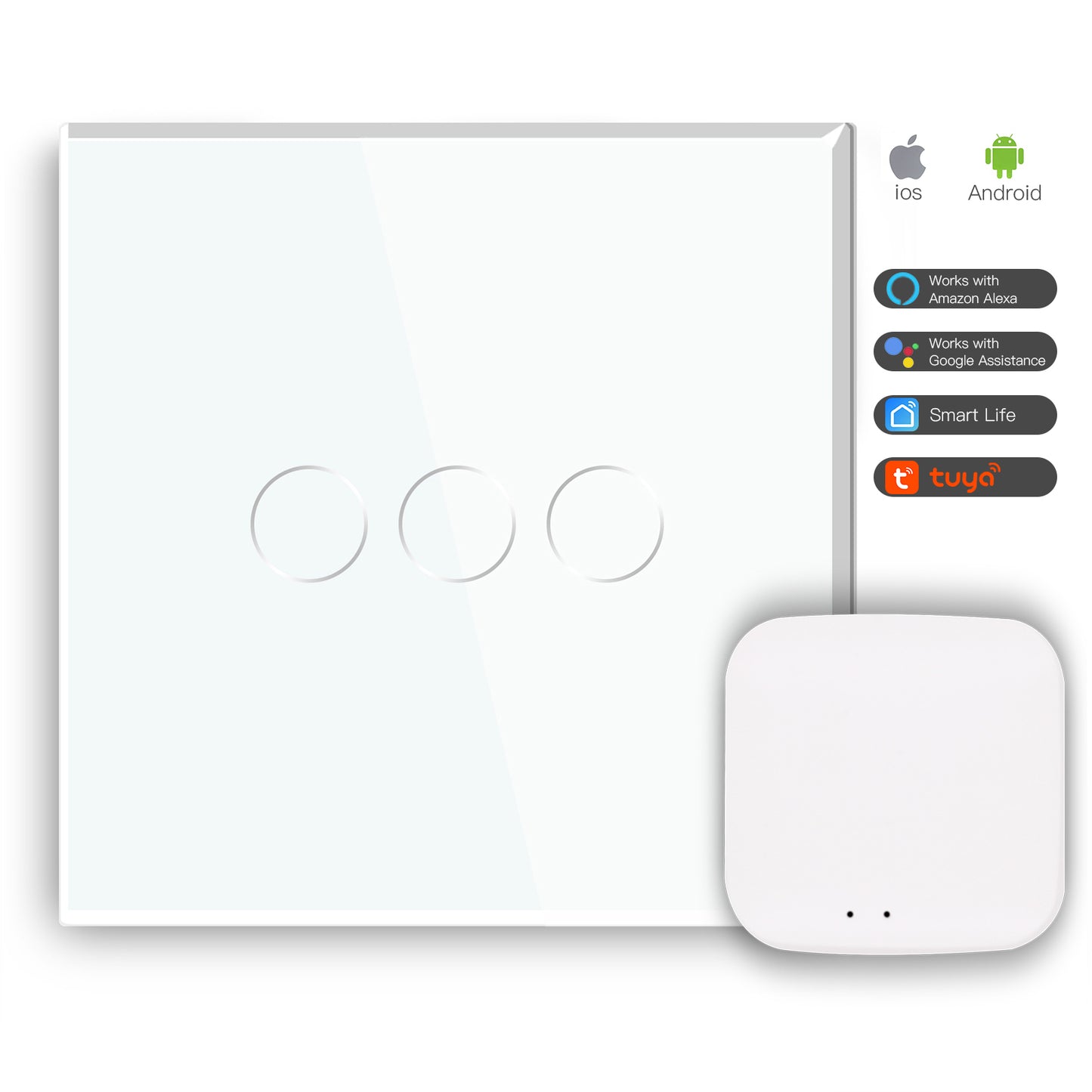 Interruptor Zigbee Desire - 3 Gang - 86x86mm - Vidro Branco - Tuya / Smartlife