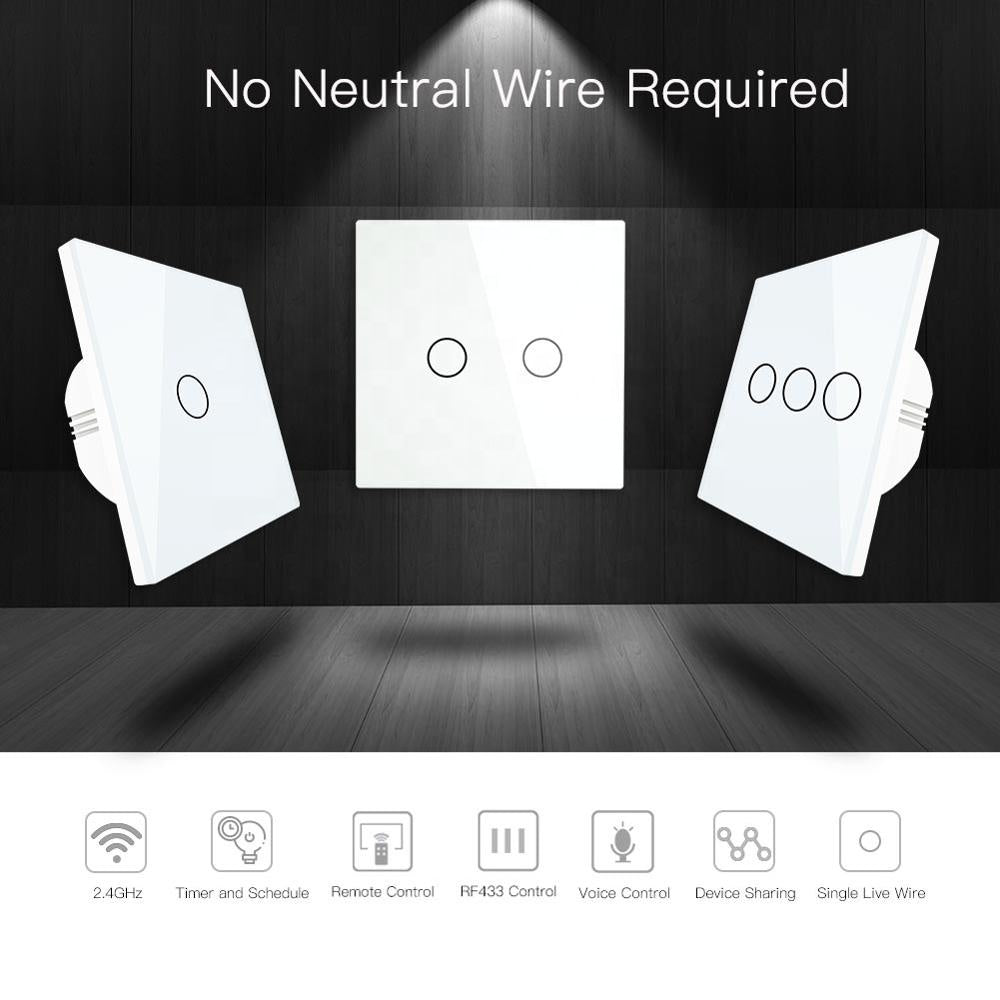 Interruptor Touch de Luz Wi-Fi + RF Branco - 1 Gang Moes - SEM NEUTRO - Gama Simple Touch - Tuya / Smartlife - WS-EU1-L
