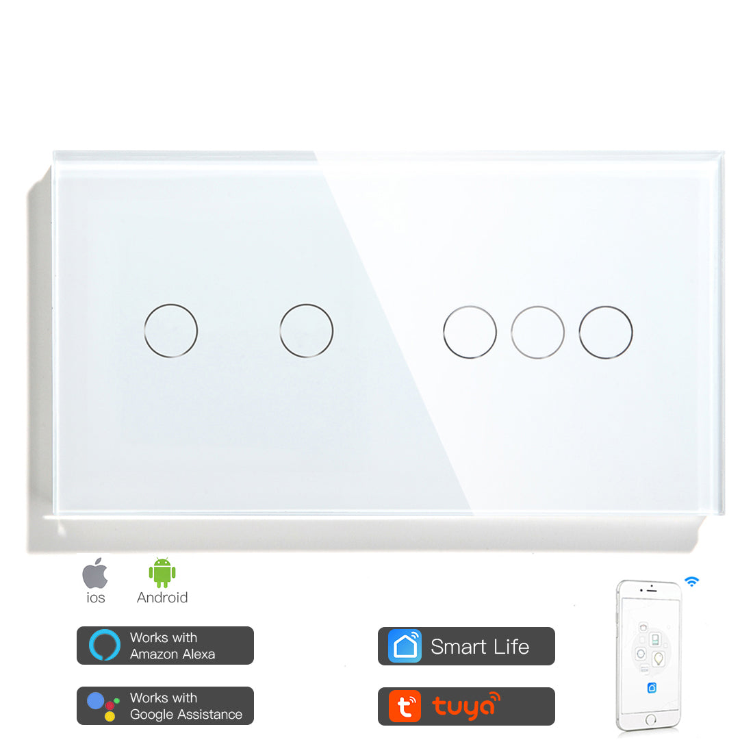 Interruptor Zigbee Desire - 2 + 3 Gang - 157*86mm - Vidro Branco - Tuya / Smartlife
