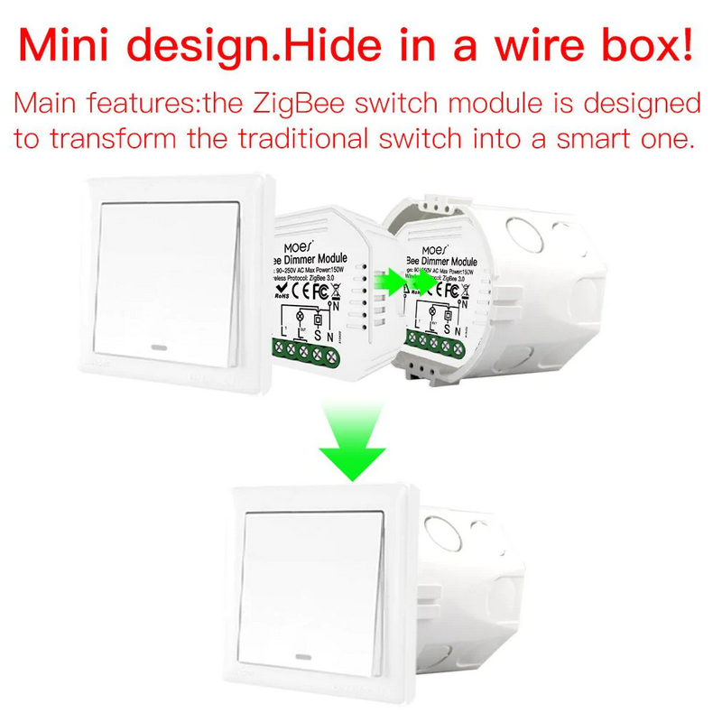 Módulo de Luzes Dimmer - Zigbee 3.0 para Interruptor Simples Moes - Tuya / Smartlife - MS-105Z