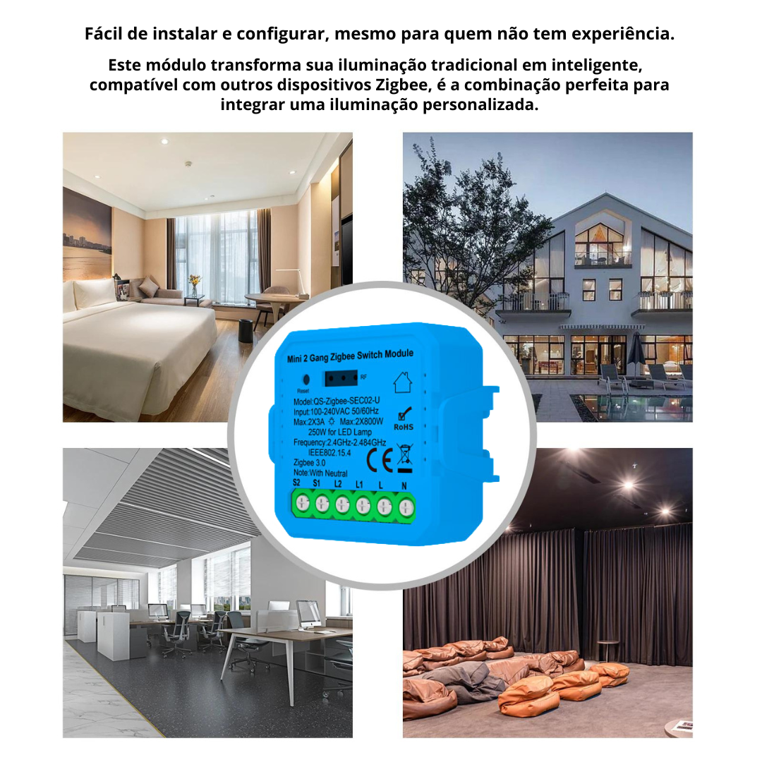 Mini Módulo de Luzes Duplo (2 gangs) – Zigbee 3.0 – Tuya / Smartlife