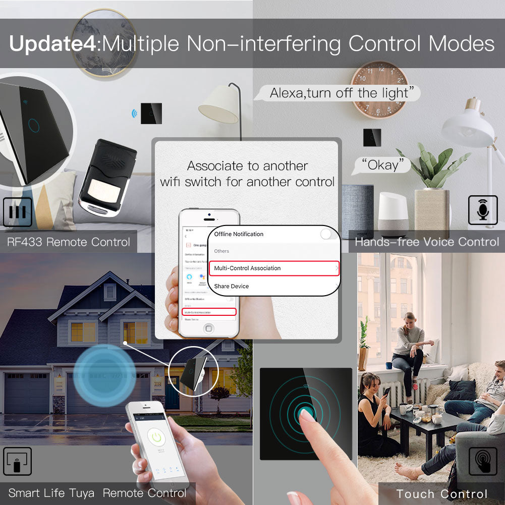 Interruptor Touch de Luz Wi-Fi + RF - Preto - 1 Gang Moes - Gama Simple Touch - Tuya / Smartlife - WR-EU1-RFB