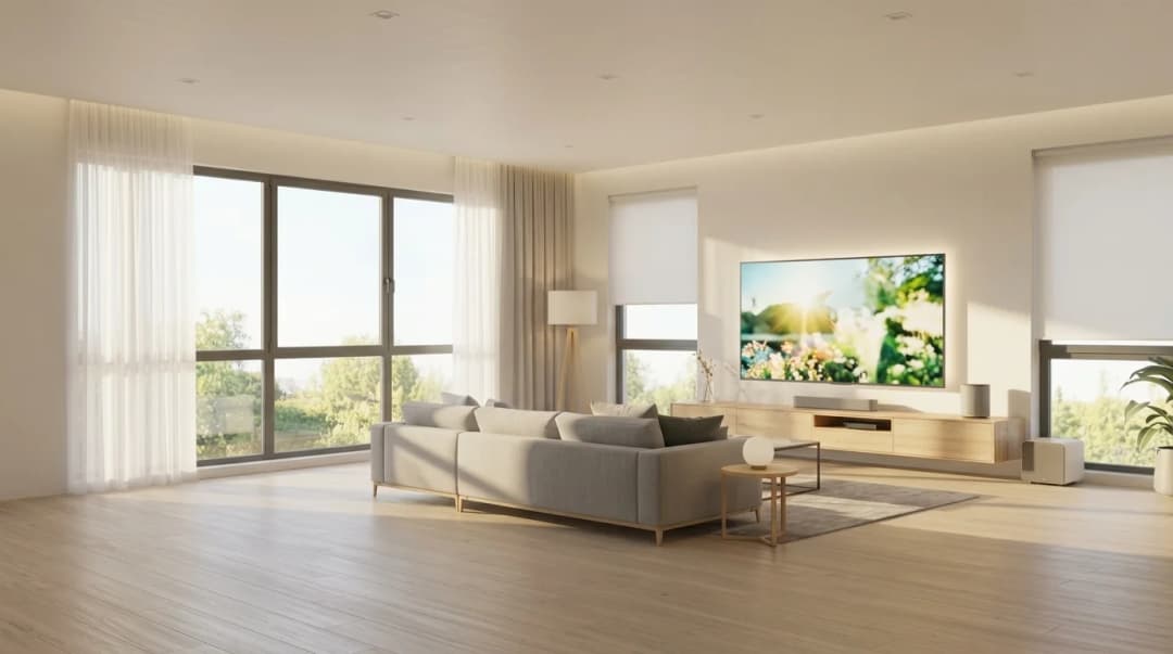Sala ampla e luminosa com estores, iluminação e televisão integrados numa casa inteligente