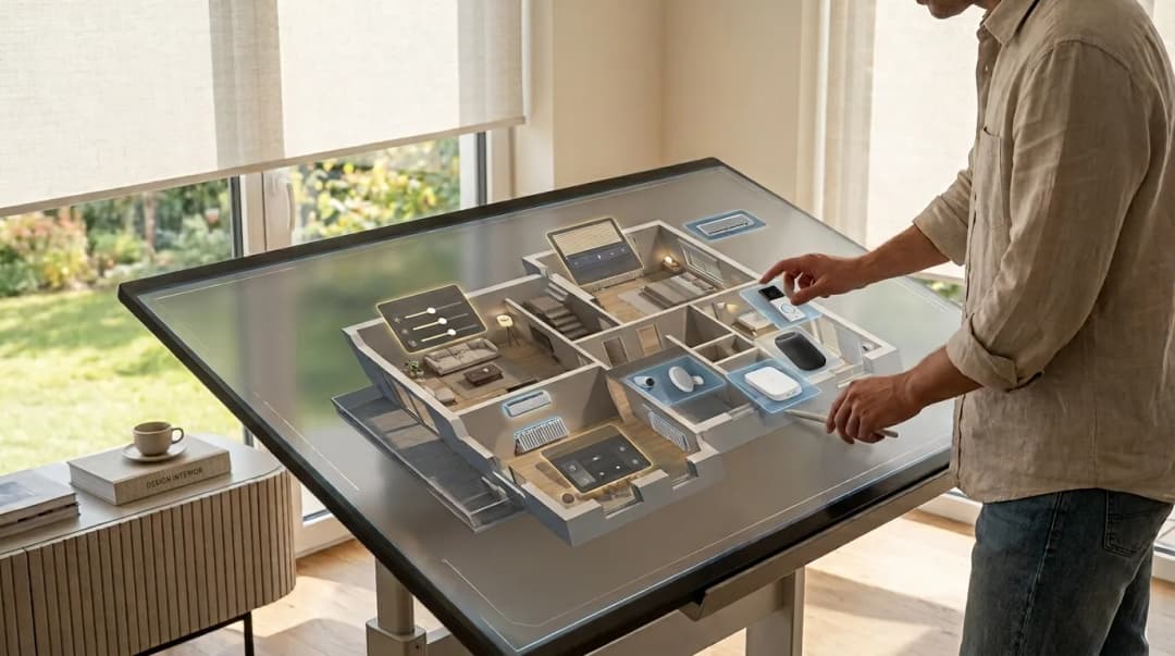 Planeamento de uma casa inteligente sobre a planta 3D: estores, iluminação, termóstatos, campainha e sensores em cada divisão