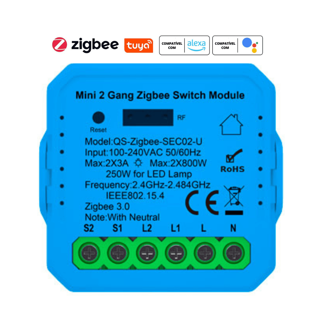 Mini Módulo de Luzes Duplo (2 gangs) – Zigbee 3.0 – Tuya / Smartlife