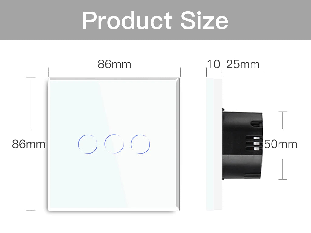 Interruptor de panel de vidrio de 3 vías de 86 x 86 mm para integración con Zigbee Desire - GL86P3W