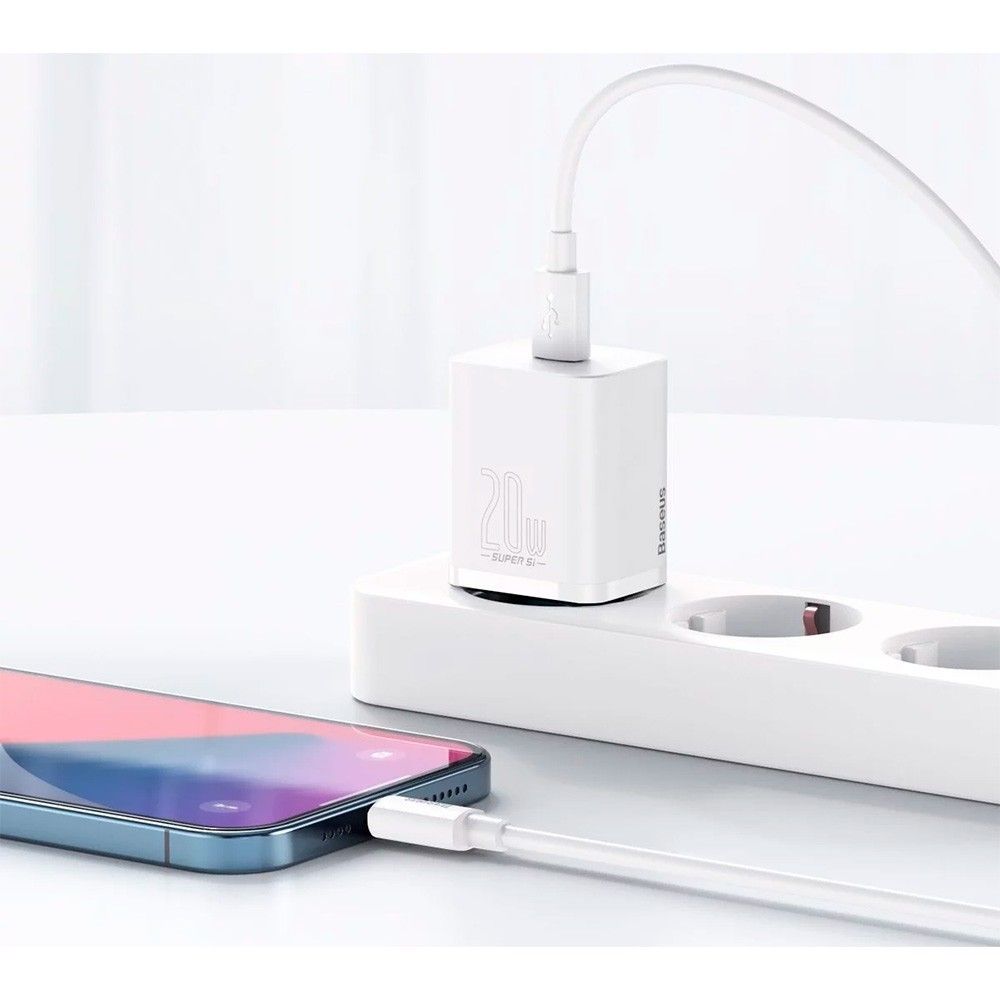 Baseus Carregador Carregamento Rápido Super Si c/ Cabo Usb-C Para Lightning 1mt Branco