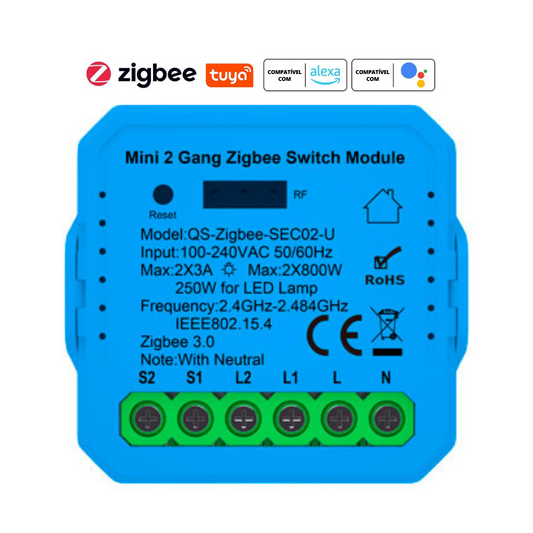 Mini Módulo de Luzes Duplo (2 gangs) – Zigbee 3.0 – Tuya / Smartlife