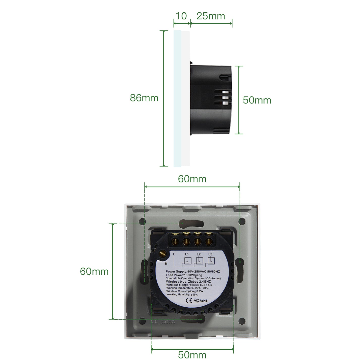 Interruptor Zigbee Desire - 3 Gang - 86x86mm - Vidro Branco - Tuya / Smartlife