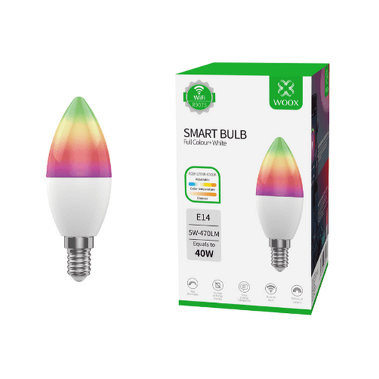 Bombilla LED RGB+CCT inteligente Woox con WiFi E14 para Tuya y Smart Life