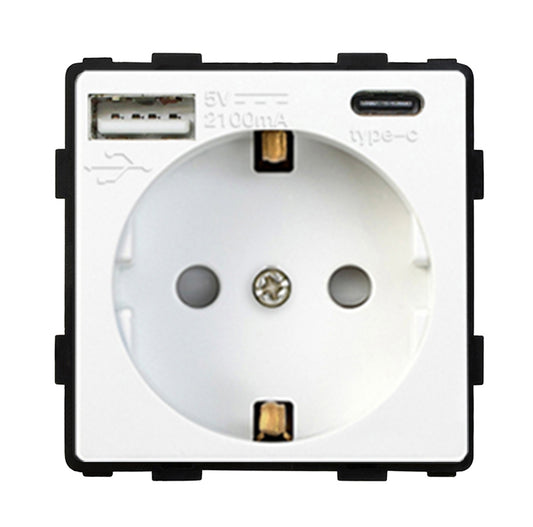 Toma de corriente mecánica común con USB + USB tipo C para integración - Línea Desire Blanca
